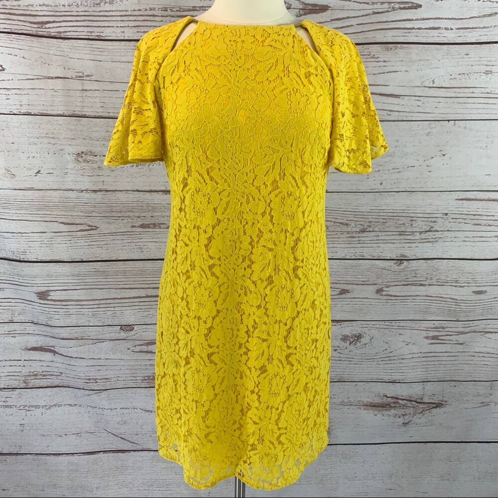 Julian Taylor yellow lace sheath dress keyhole NL